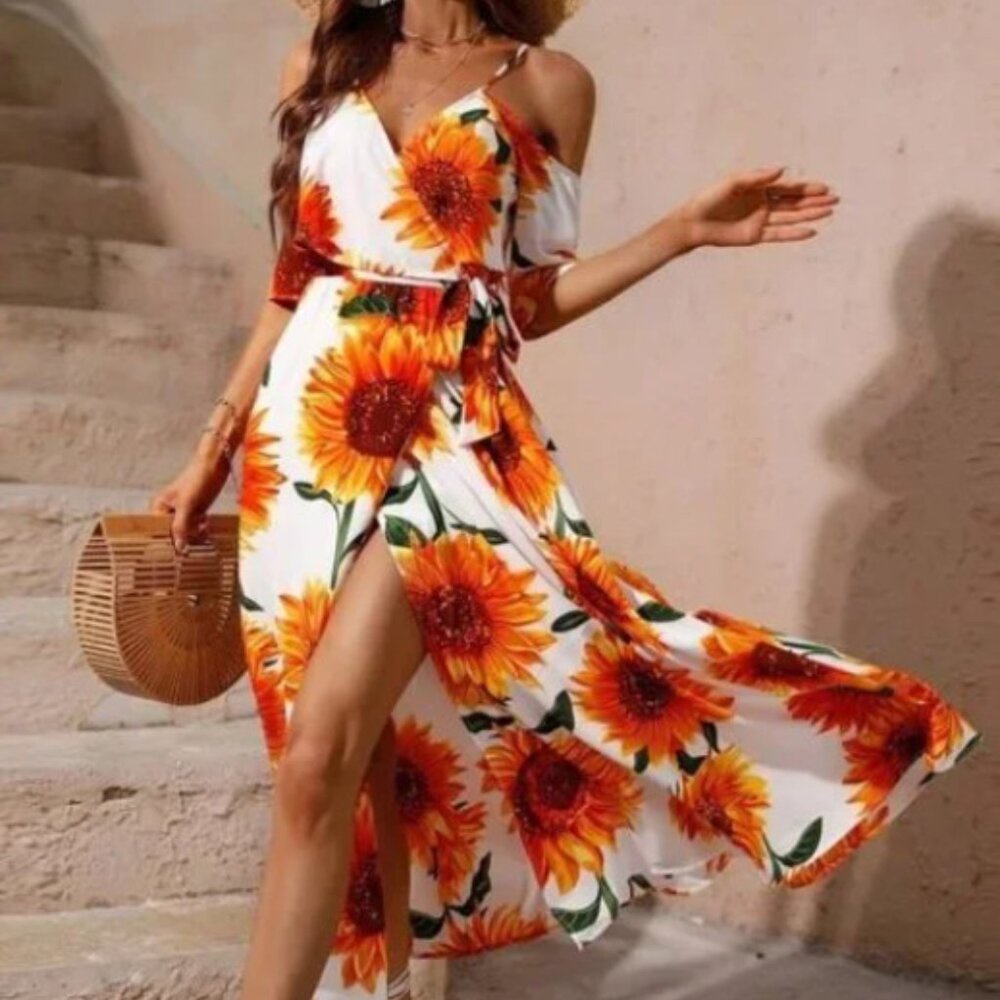 Oversized Sunflower Cold shoulder maxi dress